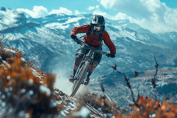 A daring mountain biker soaring through the air off a jump, embracing the thrill of adventure and the challenge of extreme sports in the mountainous wilderness.