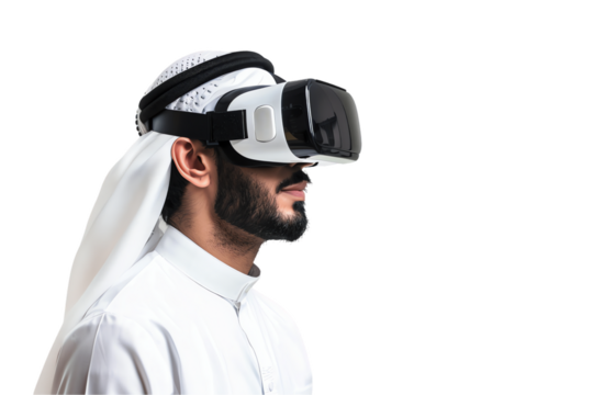 muslim Young man with virtual goggless enjoying music on a sunny day