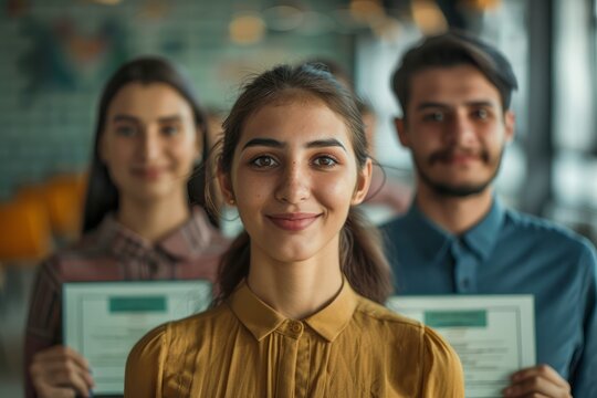 Group of Young Professionals Holding Certificates of Achievement with Pride