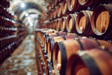 Traditional Wine Cellar with Rows of Wooden Barrels in Aged Vault, Wine Production and Storage Concept - obrazy, fototapety, plakaty