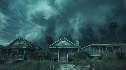 Dark, stormy clouds loom over residential houses. The ominous sky threatens with a severe storm or hurricane as houses with front porches and a palm tree brace for impact. - obrazy, fototapety, plakaty