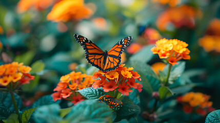 A vibrant butterfly garden, with fluttering butterflies as the background, during a sunny day