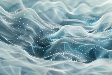 Ethereal blue fabric waves with shimmering particles. - obrazy, fototapety, plakaty