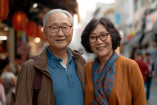 A happy Senior Asian couple sightseeing in a foreign city, immersing themselves in the local culture.