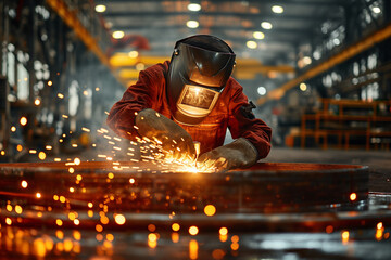 Worker welder working welding steel tank , building construction site. - obrazy, fototapety, plakaty