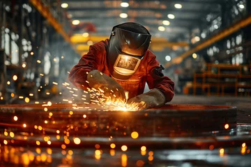 Fotobehang Worker welder working welding steel tank , building construction site. © ME Image