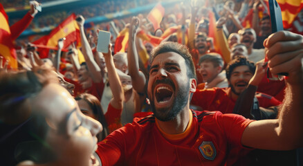 Euphoric football fans in red jerseys, cheering and celebrating with their mobile phones at the...