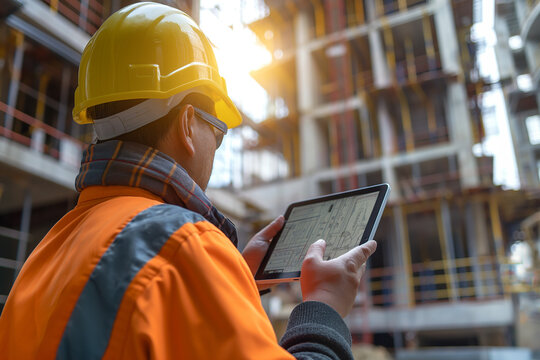 Civil Engineer and Contractor discussion in construction site working use BIM technology and digital construction application on digital tablet.