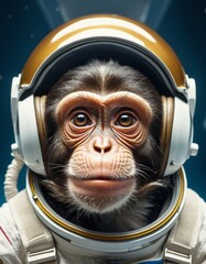 A captivating portrait of a monkey astronaut, with wide eyes and a curious expression, wearing a space helmet against a starry space backdrop.