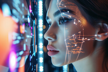 A woman's face is projected onto a screen with a lot of lines and dots. The image gives off a futuristic and technological vibe