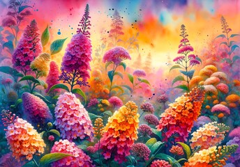 Fototapeta na wymiar Vibrant Watercolor Painting of Buddleia Flowers