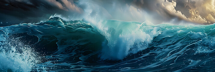 Big wave in the ocean. Raging sea, surfing wave. Landscape of a water whirlpool. Concept: Dangers on the water, powerful water energy - obrazy, fototapety, plakaty