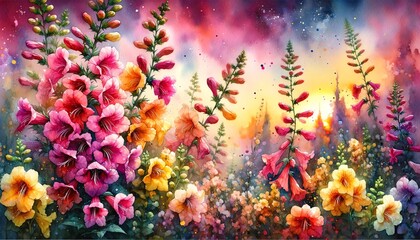 Obraz na płótnie Canvas Vibrant Watercolor Painting of Climbing Penstemon Flowers