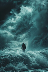 A solitary figure stands amidst turbulent waves under a moody, dark sky, evoking a sense of drama and the power of nature. - obrazy, fototapety, plakaty