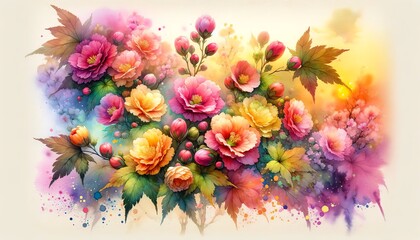 Obraz na płótnie Canvas Vibrant Watercolor Painting of Flowering Maple Flowers