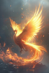 A mythical phoenix in the process of rebirth, surrounded by flames and glowing embers against a dark, moody background, conveying a sense of power and renewal. - obrazy, fototapety, plakaty