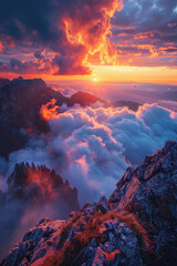 A breathtaking mountain sunrise with a vibrant sky casting orange and purple hues over a sea of clouds that enshroud rugged peaks.