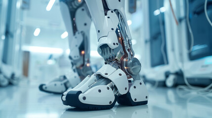 Futuristic robot with advanced articulated design walking in a modern laboratory environment, showcasing cutting-edge technology in robotics and artificial intelligence.