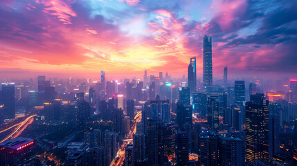 An aerial view of a vibrant city skyline at dusk. The cityscape is illuminated by buildings' lights under a dramatic sky with fiery clouds, showcasing urban architecture and busy streets. - obrazy, fototapety, plakaty