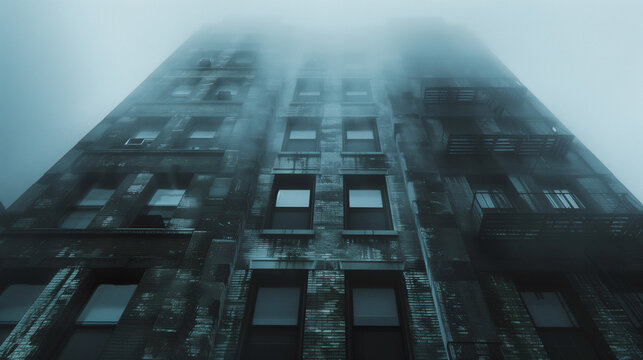 a dreary building full of mist