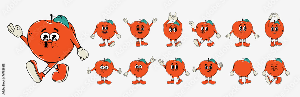 Poster set of characters in groovy style. y2k design. the apple has different poses and facial expressions.