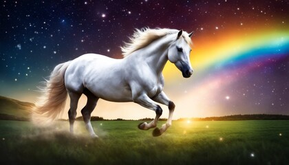 A majestic white horse gallops freely across a grassy field, a vibrant rainbow arching gracefully in the cosmic-studded sky above.