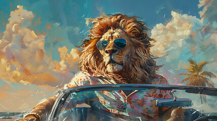 lion drives sportscar