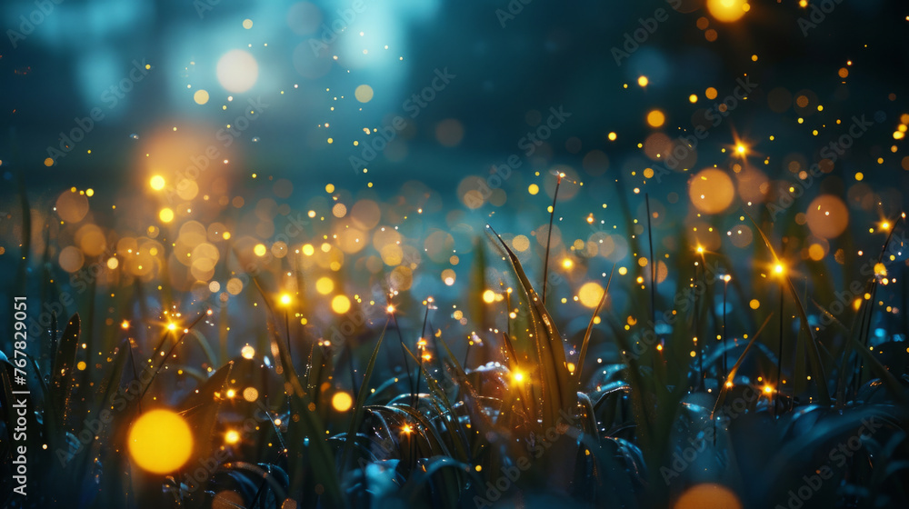 Poster a magical evening with a meadow of lush green grass shimmering under a mystical array of glowing bok