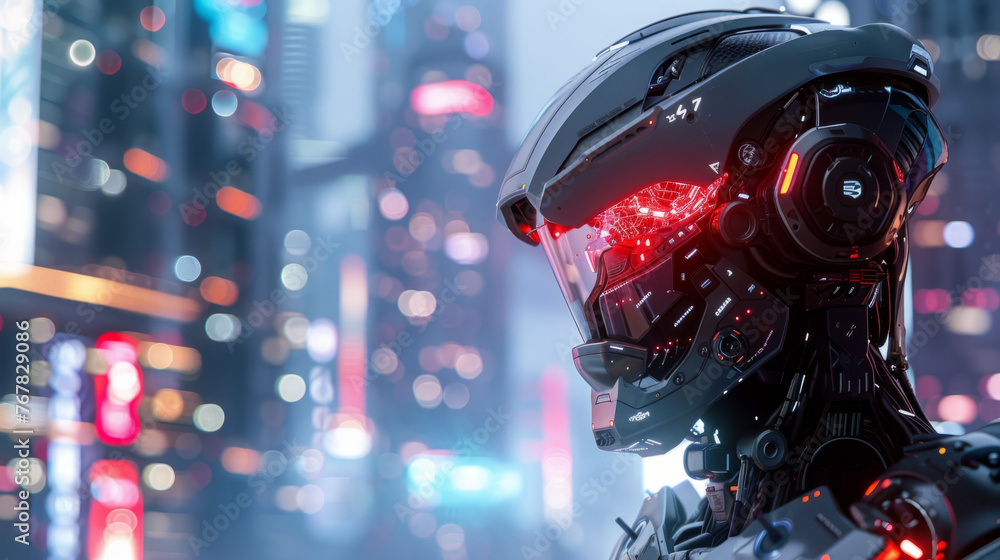 Poster futuristic robotic head with visor in a neon-lit city scene, showcasing advanced technology and arti