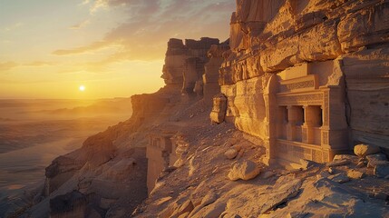 The sun setting behind the weathered facade of an old desert fortress, with sandstone walls, ornate carvings, and sweeping views of the arid landscape.