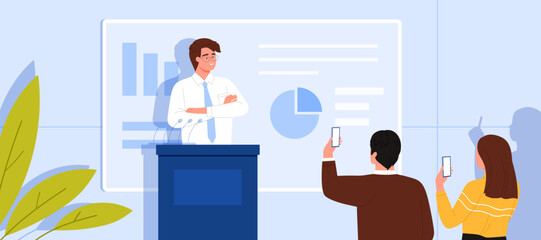 Public speech and presentation of scientific research by scientist speaker. Smart man with glasses standing at podium with microphones to speak in front of audience cartoon vector illustration