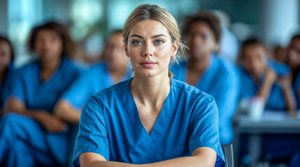 Focused Nurse in Blue Scrubs Attending a Seminar