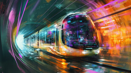 Digital artwork of a high-speed train in a vibrant neon-lit tunnel conveying movement and technology