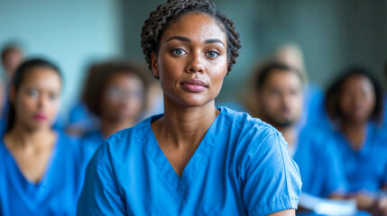 Concentrating Nurse in Blue Scrubs at Medical Seminar