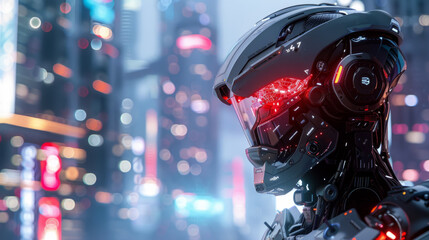 Futuristic robotic head with visor in a neon-lit city scene, showcasing advanced technology and artificial intelligence concepts in a cyberpunk aesthetic.