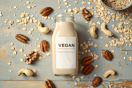 Close Up Bottle Of Oatmeal Milk With A VEGAN Label Surrounded By Nuts Nearby On A Wooden Table On A Plain Light Background With Copyspace