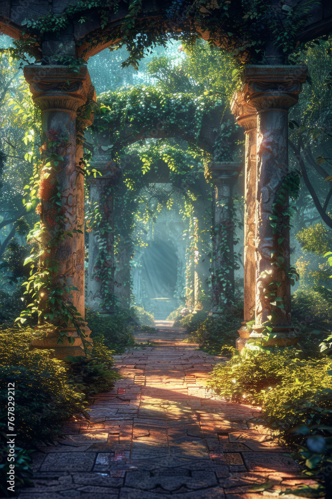 Poster a mystical forest path flanked by ancient stone columns entwined with lush green ivy, bathed in the 
