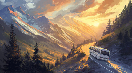 Picturesque digital illustration of a bus journeying through a stunning mountain pass at dusk - obrazy, fototapety, plakaty