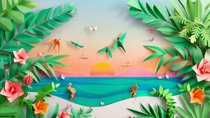 Fototapeta na wymiar tropical island with palm trees and sea with birds paper cut design