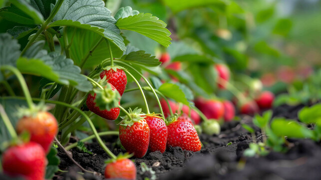 photo of a strawberry patch, zoomed in