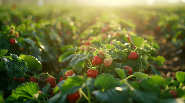 photo of a strawberry patch on a sunny day