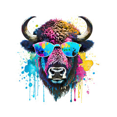 Cool bison head wear sunglass on clean background, DTG Printing, DTF Transfer, Sublimation designs, Buffalo Clipart. Wild Animals. Illustration, Generative AI.
