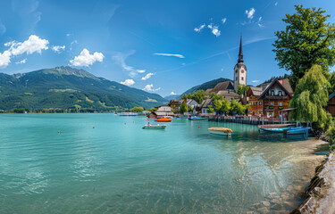 Extract from the most beautiful town of Hall in Austria overlooking a lake with a church and...