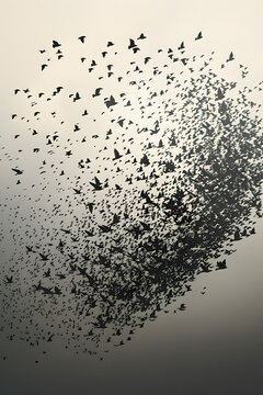 a swarm of many birds flying in a strong formation