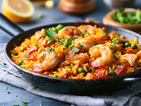 banner Spanish paella in a frying pan close-up, prepared in a restaurant. banner with space for text. concept food, spain, paella, seafood