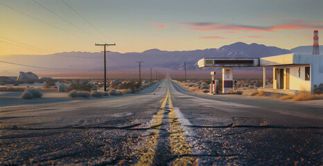  Old abandoned rusty gas station on the deserted empty cracked asphalt road side somewhere on the America's South. Mountain view vanilla sky sunset landscape. Traveling and transportation concept imag