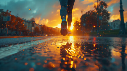 A runner is running on a road with a beautiful sunset in the background