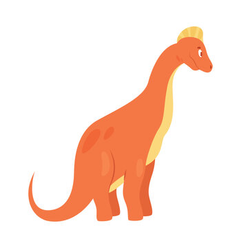 Cute orange dinosaur. Prehistoric animal, jungle reptiles group, jurassic world evolution cartoon vector illustration