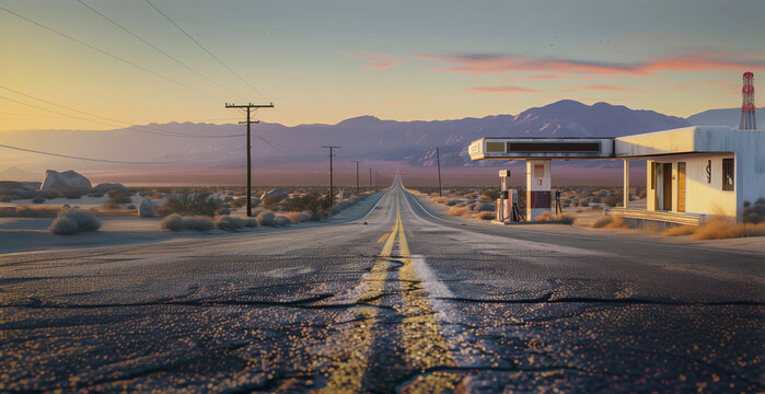  Old abandoned rusty gas station on the deserted empty cracked asphalt road side somewhere on the America's South. Mountain view vanilla sky sunset landscape. Traveling and transportation concept imag
