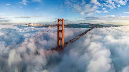 A photo of the Golden Gate Bridge, taken from above with mist in front of it